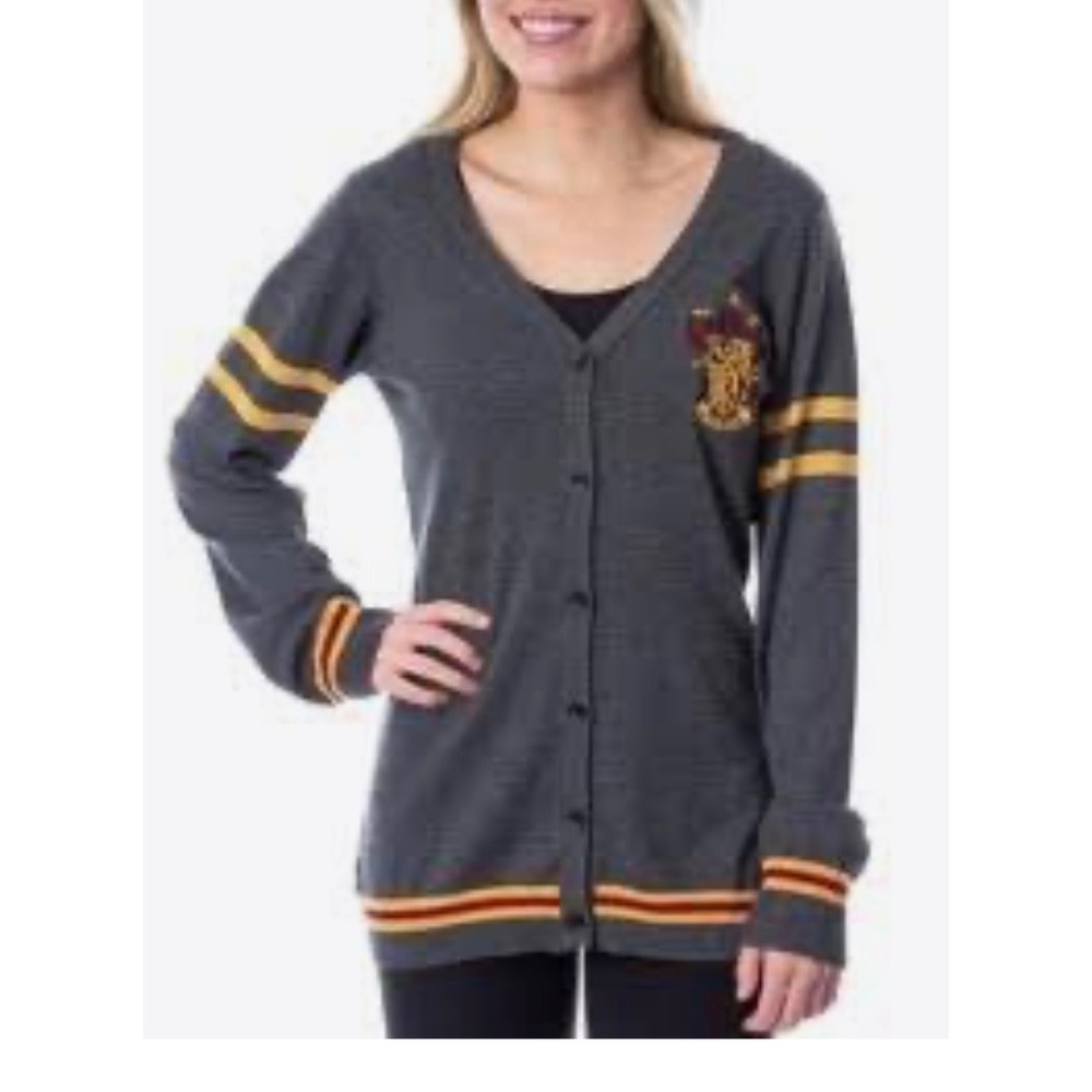 Harry Potter Gryffindor Cardigan Sweater Grey Burgundy Gold Stripe Women Medium